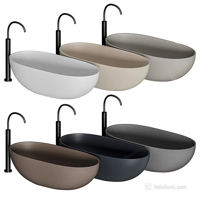 Modern Oval Shaped Bathtubs In Various Colors With Black Faucets 3d model 