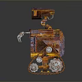 Rusty Orange Robot Character With Large Eyes Tracked Treads And Metallic Texture Design