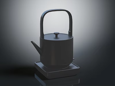 Modern Black Teapot With Handle Spout Lid And Matching Tray On Dark Surface 3d model