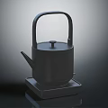 Modern Black Teapot With Handle Spout Lid And Matching Tray On Dark Surface