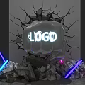 Fist Breaking Through Cracked Wall With Logo And Neon Lights Surrounding Debris
