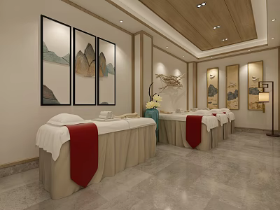 Elegant SPA Sauna Interior Design With Traditional Paintings And Massage Beds 3d model