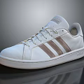 Stylish White Lace Up Sneakers With Three Brown Stripes And Low Top Design