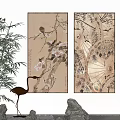 Chinese Style Wall Art With Branches Flowers Birds And Bamboo Crane Decor