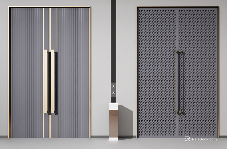 Modern Double Doors Featuring Gray Vertical Stripes And Grid Pattern With Metal Handles 3d model 