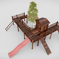 Outdoor Wooden Playground Equipment with Slide Platform and Cabin Structure