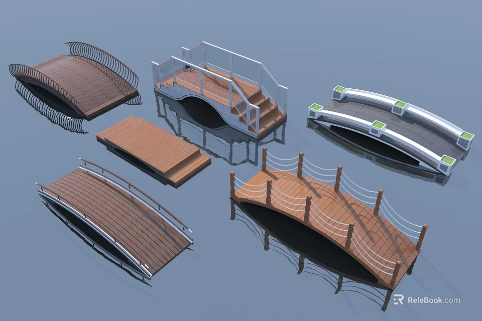 Landscape Bridges With Various Designs Wooden Decks Railing Structures And Steps 3d model 