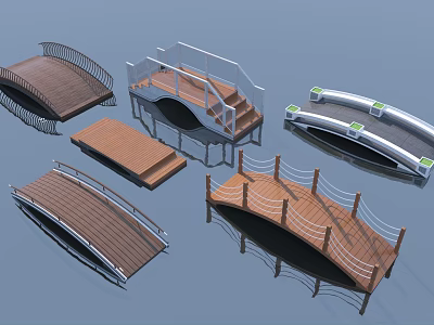 Landscape Bridges With Various Designs Wooden Decks Railing Structures And Steps 3d model