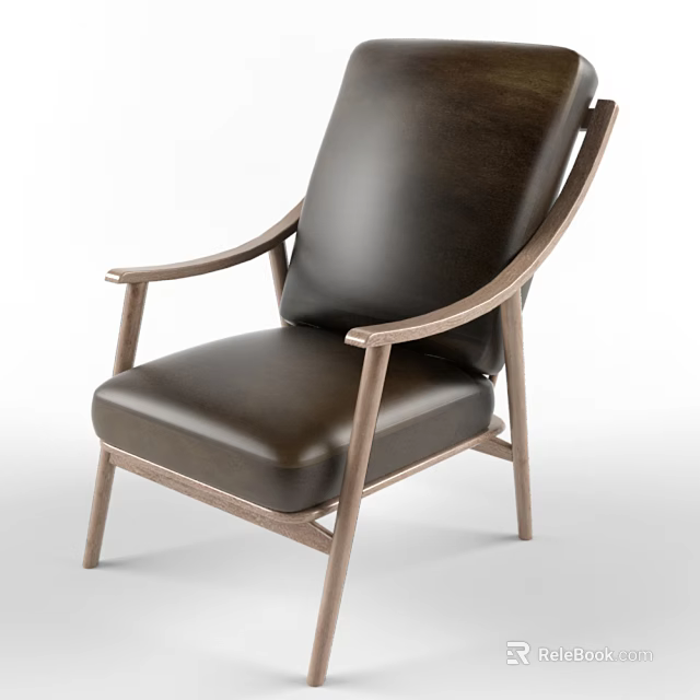 Stylish Leather Lounge Chair with Wooden Frame and Armrests for Modern Living Space 3d model 