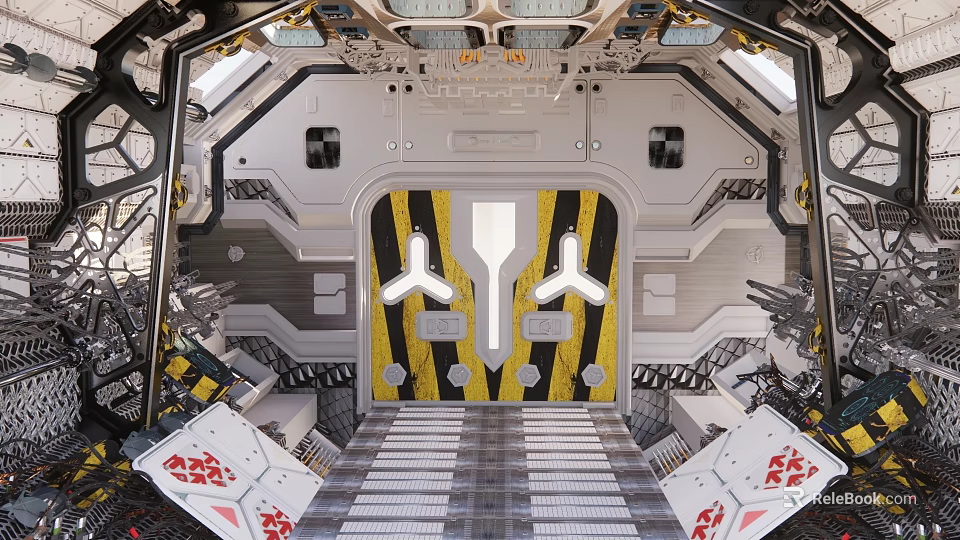 Modern Industrial Equipment Interior With Metal Structure Yellow Black Stripes Control Panels And Metal Floor 3d model 