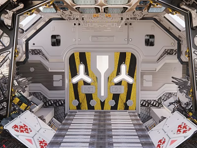 Modern Industrial Equipment Interior With Metal Structure Yellow Black Stripes Control Panels And Metal Floor 3d model