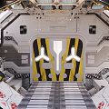 Modern Industrial Equipment Interior With Metal Structure Yellow Black Stripes Control Panels And Metal Floor