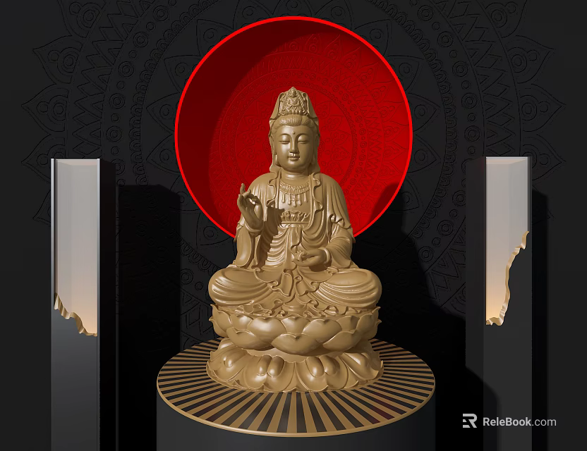 Golden Buddha Sculpture Carving On Lotus Base With Red Circular Background And Black Pillars 3d model 
