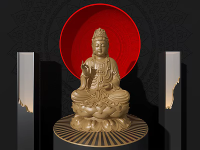 Golden Buddha Sculpture Carving On Lotus Base With Red Circular Background And Black Pillars 3d model
