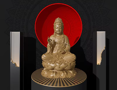 Golden Buddha Sculpture Carving On Lotus Base With Red Circular Background And Black Pillars 3d model
