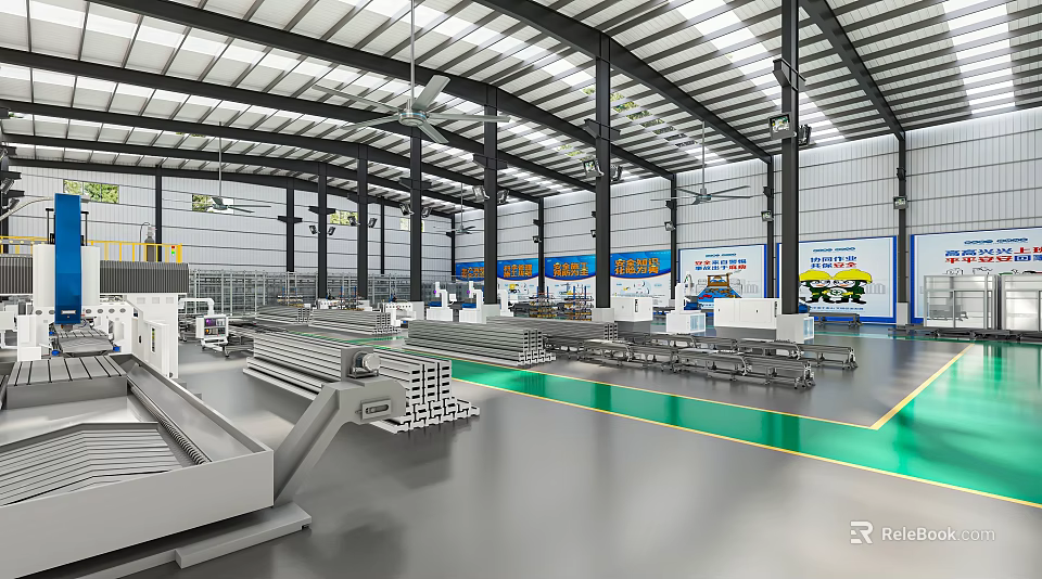 Industrial Workshop Interior With Metal Processing Equipment Production Line Steel Structure And Green Floor 3d model 