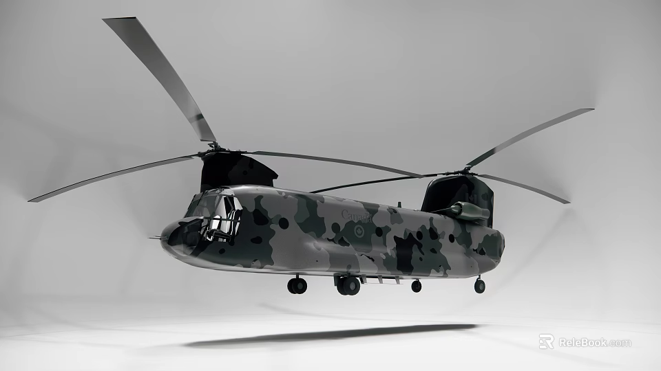 Military Helicopter Equipped With Camouflage And Twin Rotors In Flight 3d model 