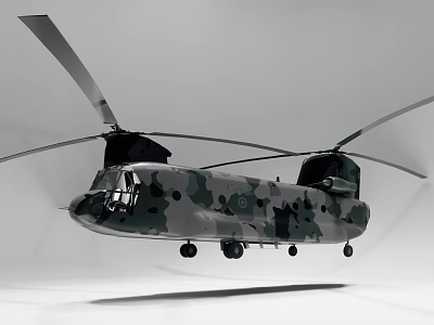 Military Helicopter Equipped With Camouflage And Twin Rotors In Flight 3d model