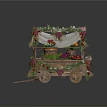Vintage Flower Cart Decorated With Colorful Flowers Fruits And Green Vines On Wooden Wheels
