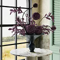 Purple Flowers Arrangement in Ceramic Vase on Marble Table by Window with Green Shutters