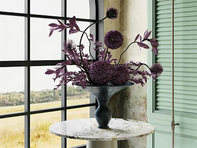 Purple Flowers Arrangement in Ceramic Vase on Marble Table by Window with Green Shutters 3d model