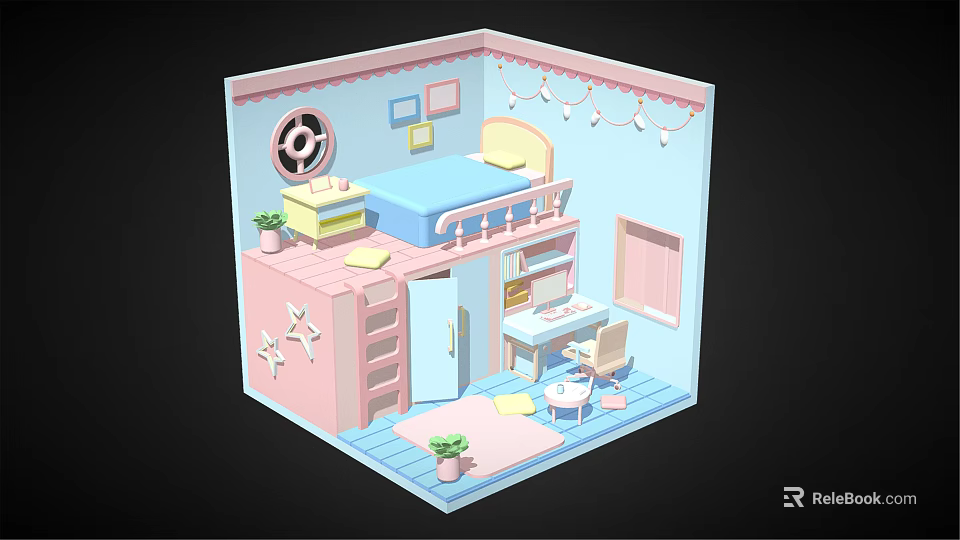 Cartoon Scene Of Kids Room With Bunk Bed Desk Chair Window Decorations And Potted Plants 3d model 