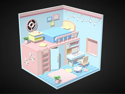 Cartoon Scene Of Kids Room With Bunk Bed Desk Chair Window Decorations And Potted Plants 3d model