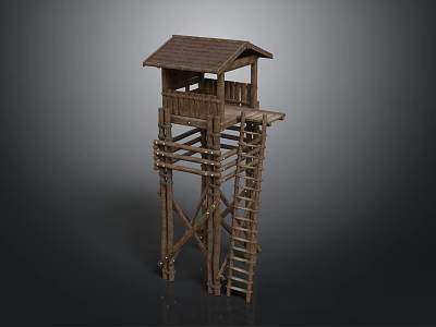 Scenic Wooden Watchtower With Brown Roof And Wooden Ladder Against Natural Landscape Background 3d model