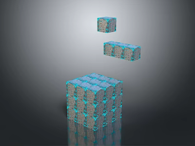Floating Textured Cubes With Blue Brown Patterns On Dark Reflective Surface 3d model