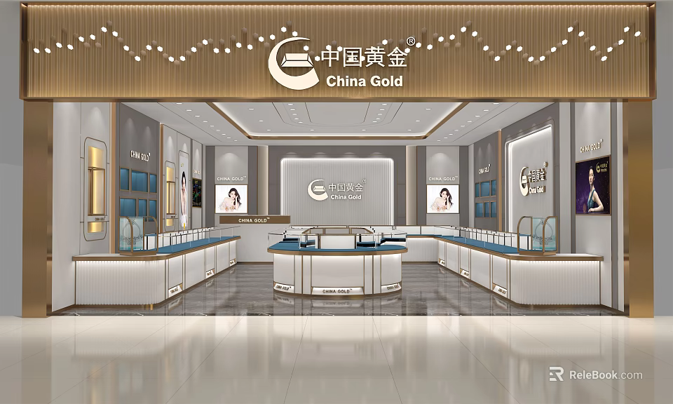 China Gold Jewelry Store Interior With Elegant Display Counters And Lighting 3d model 