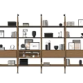 Modern Wooden Storage Shelf Unit With Metal Frame And Decorative Accessories