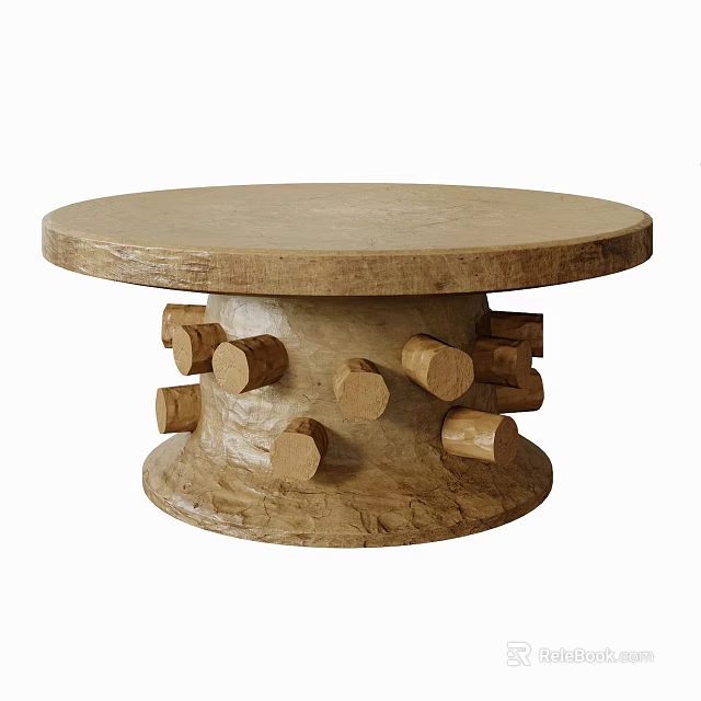 Rustic Round Coffee Table With Natural Wood Cylindrical Block Base 3d model