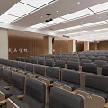 Conference Room Interior With Podium Large Projection Screen Comfortable Seats And Wooden Panel Walls