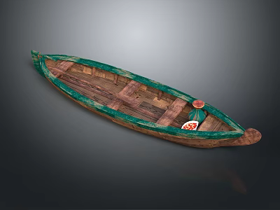 Traditional Wooden Boat With Green Edge Red Circular Emblem And Wooden Structure For Water Transport 3d model