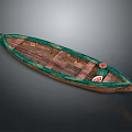 Traditional Wooden Boat With Green Edge Red Circular Emblem And Wooden Structure For Water Transport