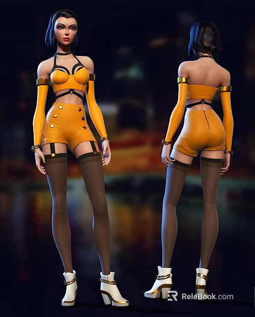 Game Movie Character In Orange Outfit With Shorts Stockings 3d model 