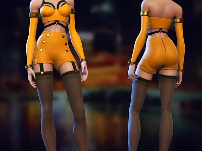 Game Movie Character In Orange Outfit With Shorts Stockings 3d model