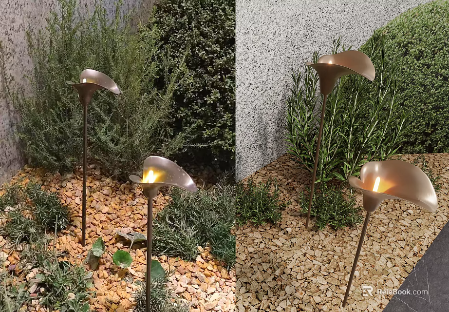 Stylish Petal Shaped Outdoor Lights Illuminating Garden With Green Shrubs And Gravel 3d model 