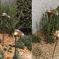 Stylish Petal Shaped Outdoor Lights Illuminating Garden With Green Shrubs And Gravel