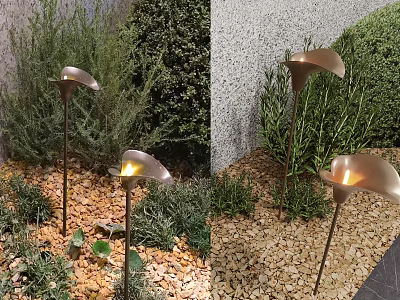 Stylish Petal Shaped Outdoor Lights Illuminating Garden With Green Shrubs And Gravel 3d model