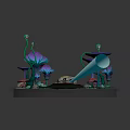 Cartoon Scene With Colorful Mushroom Like Plants Glowing Elements And Small Boat On Water