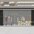 Elegant Store Window Display With Hanging Apparel Stone Wall Lighting And Stylish Design 3d model