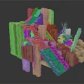 Modern Rock Structure Design With Stone Stairs Moss Covered Rocks Green Plants And Broken Elements