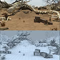 Cartoon Desert Scene With Giant Dragon Skeleton Dead Trees And Wooden Pillars