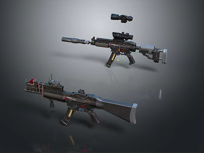 Modern Tactical Rifles with Scopes and Detailed Military Design on Dark Background 3d model