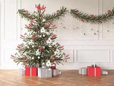 Decorated Christmas Tree Featuring Red Berries White Ornaments Gift Boxes String Lights And Garland 3d model