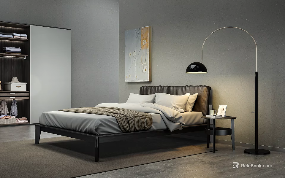 Modern Double Bed Bedroom With Leather Headboard Abstract Painting Floor Lamp And Nightstand 3d model 
