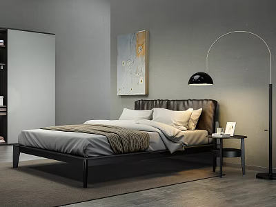 Modern Double Bed Bedroom With Leather Headboard Abstract Painting Floor Lamp And Nightstand 3d model