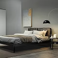 Modern Double Bed Bedroom With Leather Headboard Abstract Painting Floor Lamp And Nightstand