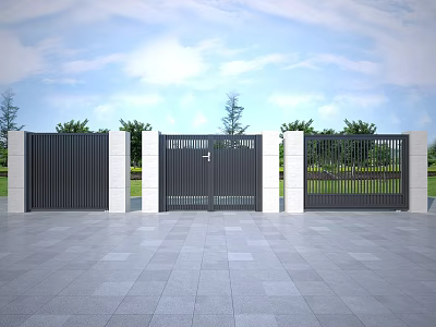 Modern Building Exterior Wall Design With Stone Panels Metal Gates And Green Plants 3d model
